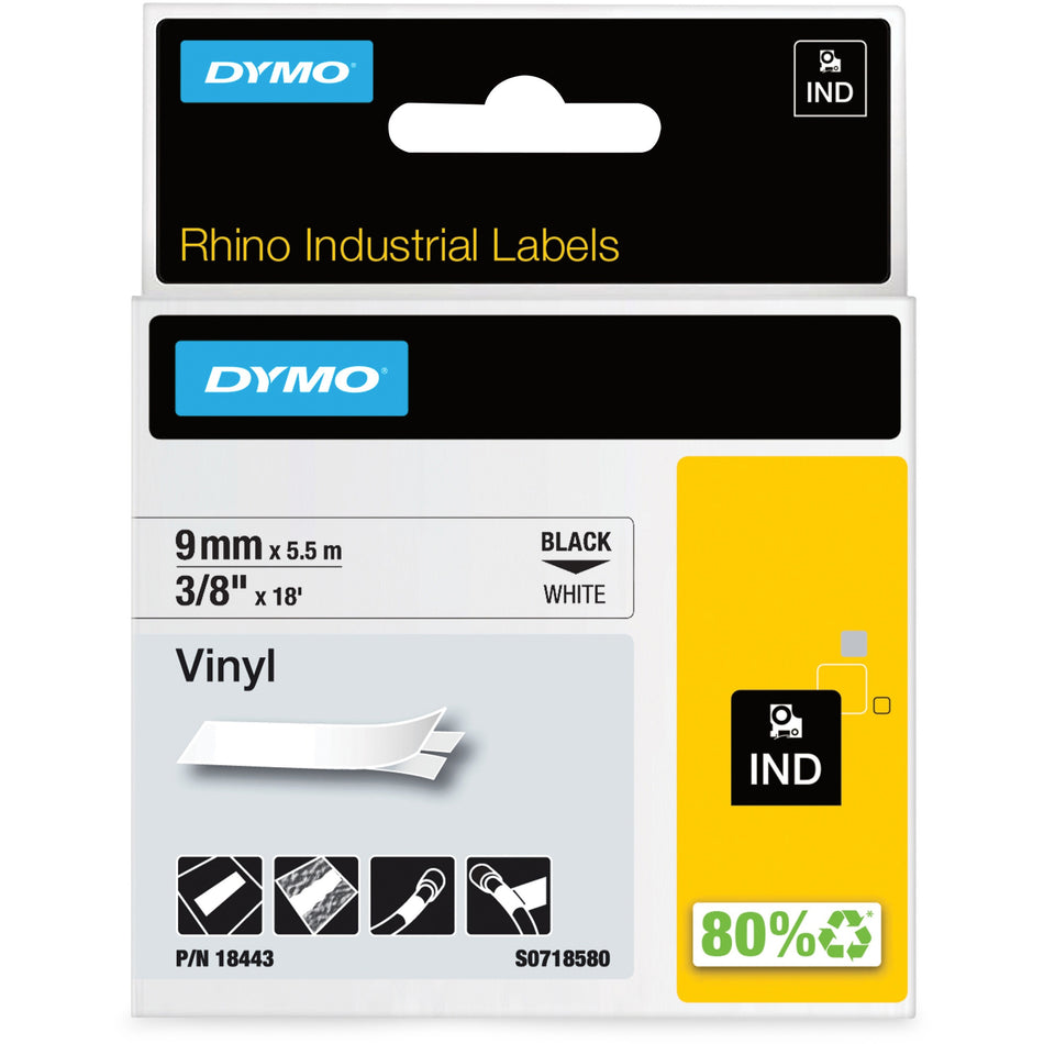 Dymo Rhino Industrial Vinyl Labels - 23/64" Width x 18 3/64 ft Length - Permanent Adhesive - Rectangle - Thermal Transfer - Black on White - Vinyl - Scratch Resistant, Oil Resistant - 1 Each