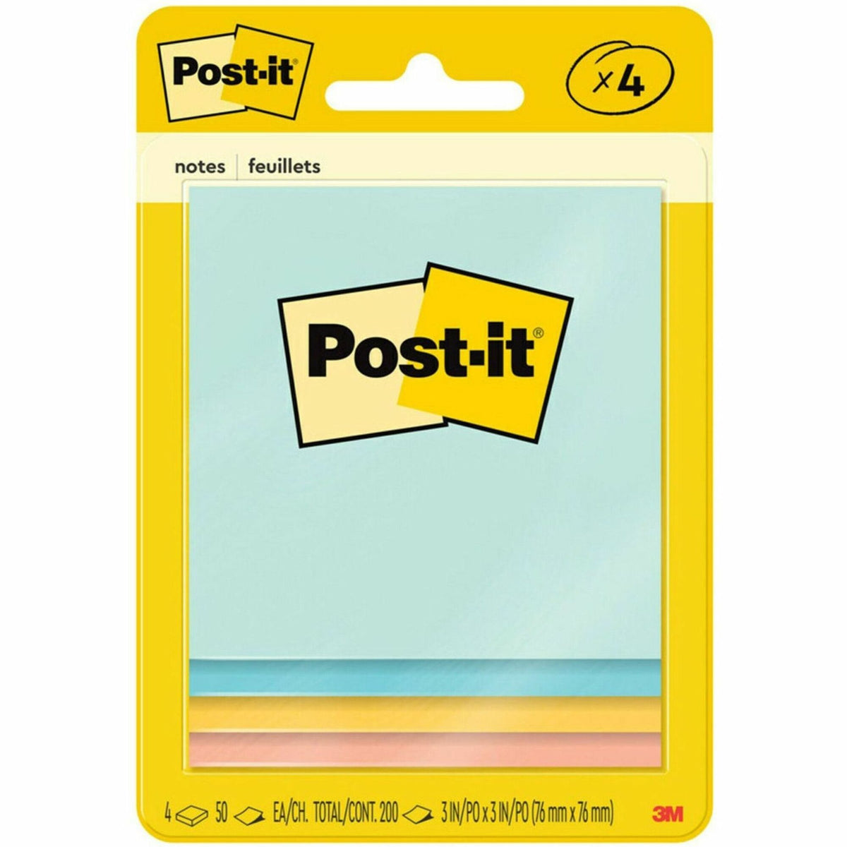 Post-it® Notes Original Notepads -Beachside Caf&eacute; Color Collection - 200 - 3" Flag/Note Width x 3" Flag/Note Length - Square - 50 Sheets per Pad - Unruled - Fresh Mint, Aqua Splash, Sunnyside, Papaya Fizz - Paper - Self-adhesive - 4 / Pack