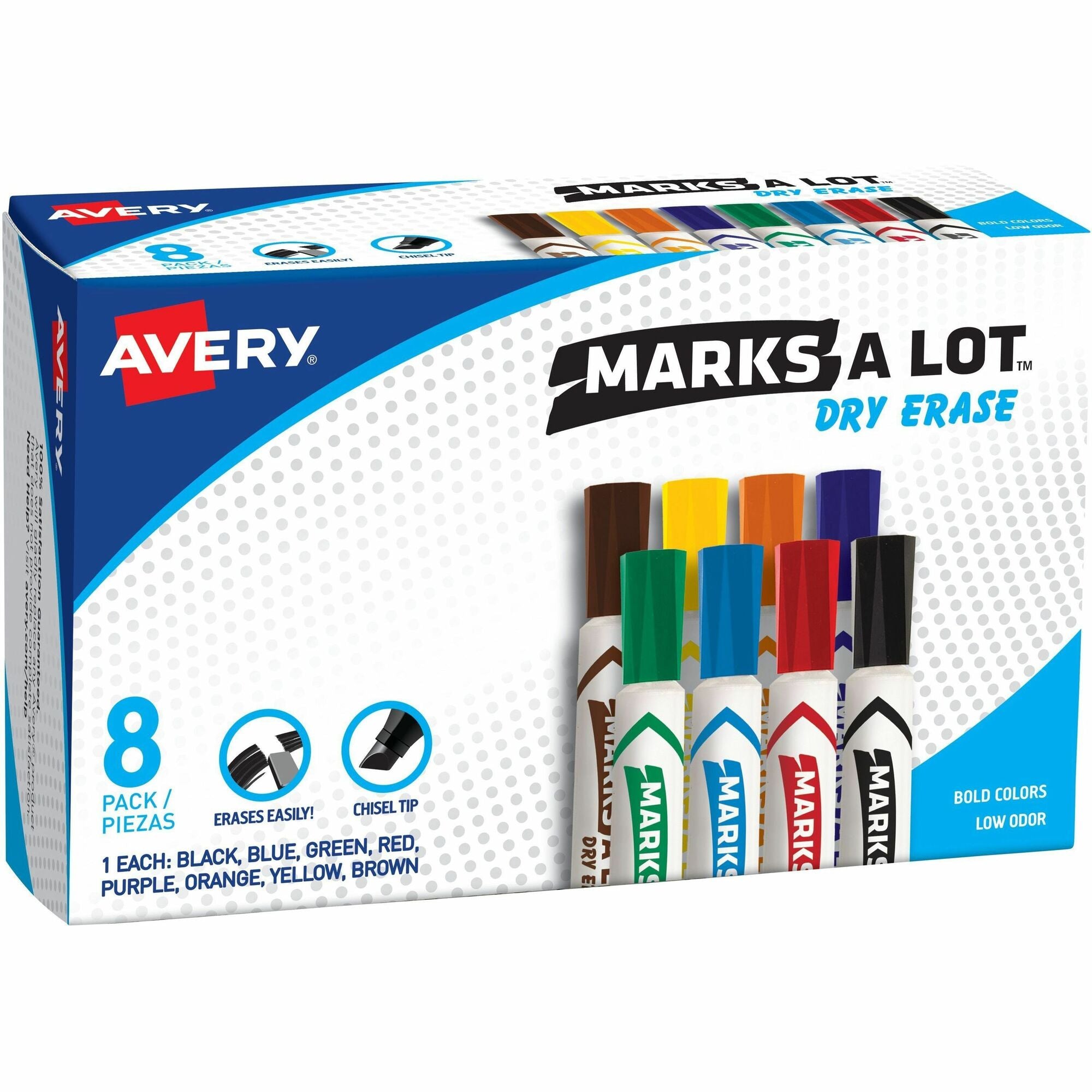 Avery®Marks A Lot Marks A Lot Desk-Style Dry-Erase Markers - Chisel Marker Point - Erasable - Black, Blue, Red, Green, Purple, Yellow Ink - 8 / Box