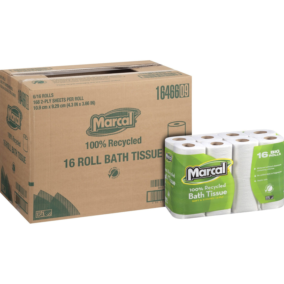 Marcal 100% Recycled Soft/Strong Bath Tissue - 2 Ply - 4.20" Width x 3.60" Length - 168 Sheets/Roll - White - 16 Rolls Per Pack - 16/Pack - 96 / Carton