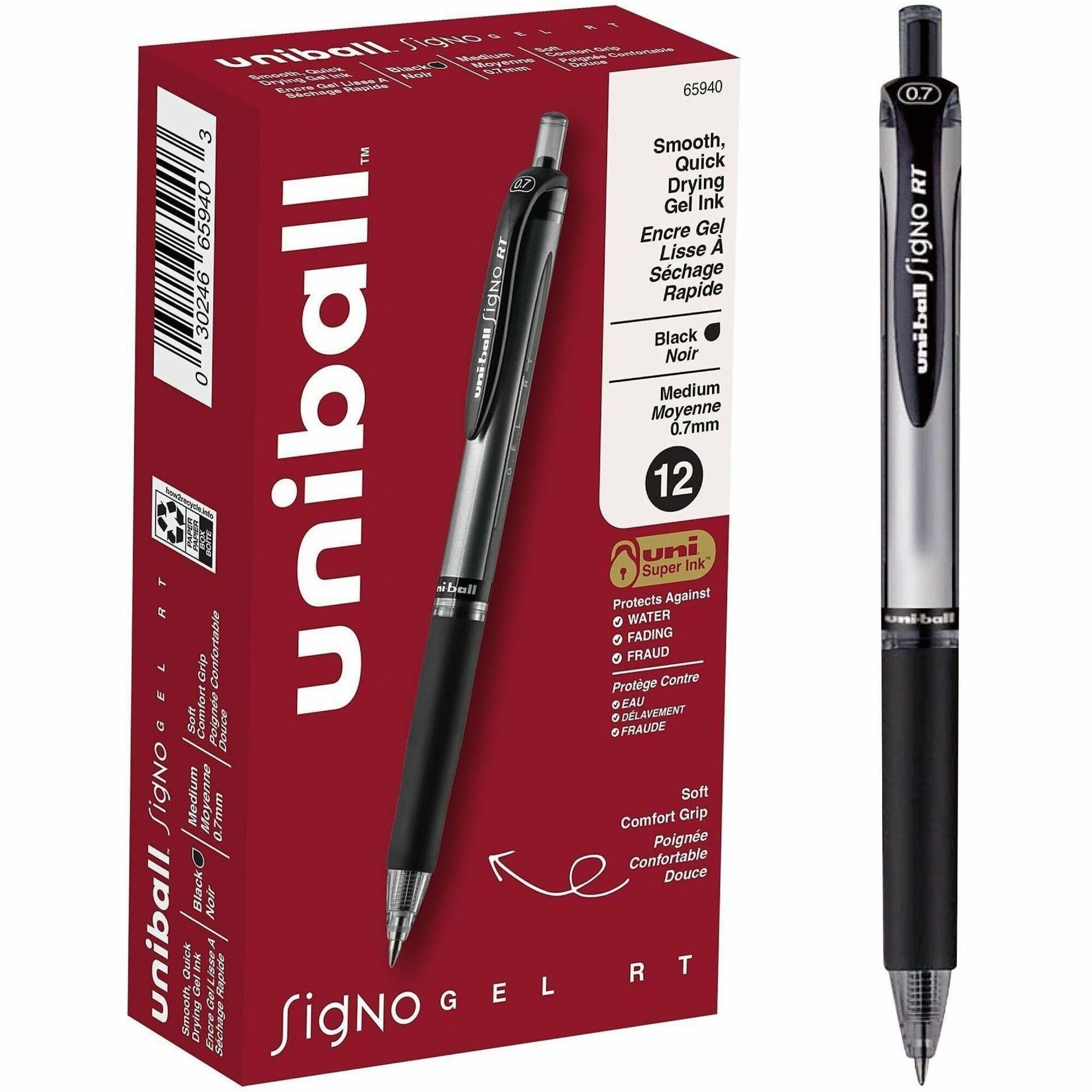 uniball&#8482; Signo RT Gel Pen - 0.7 mm Medium Pen Point - Refillable - Retractable - Black Ink - Gel-based - 1 Dozen