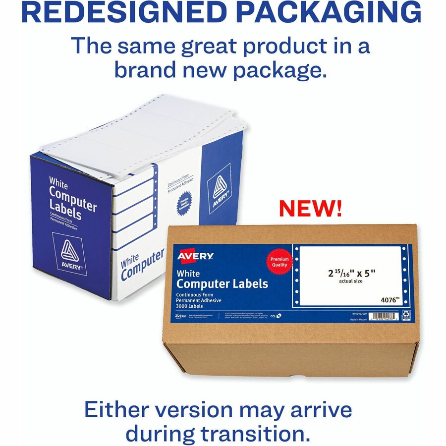 Avery®  Address Label - 5" Width x 2 15/16" Length - Permanent Adhesive - Dot Matrix - White - 1 / Sheet - 3000 Total Label(s) - 3000 / Box