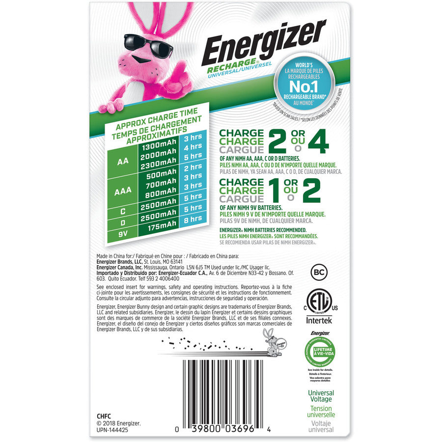 Energizer Recharge Universal Charger: 6-Hour Charging for AA, AAA, C, D, 9V