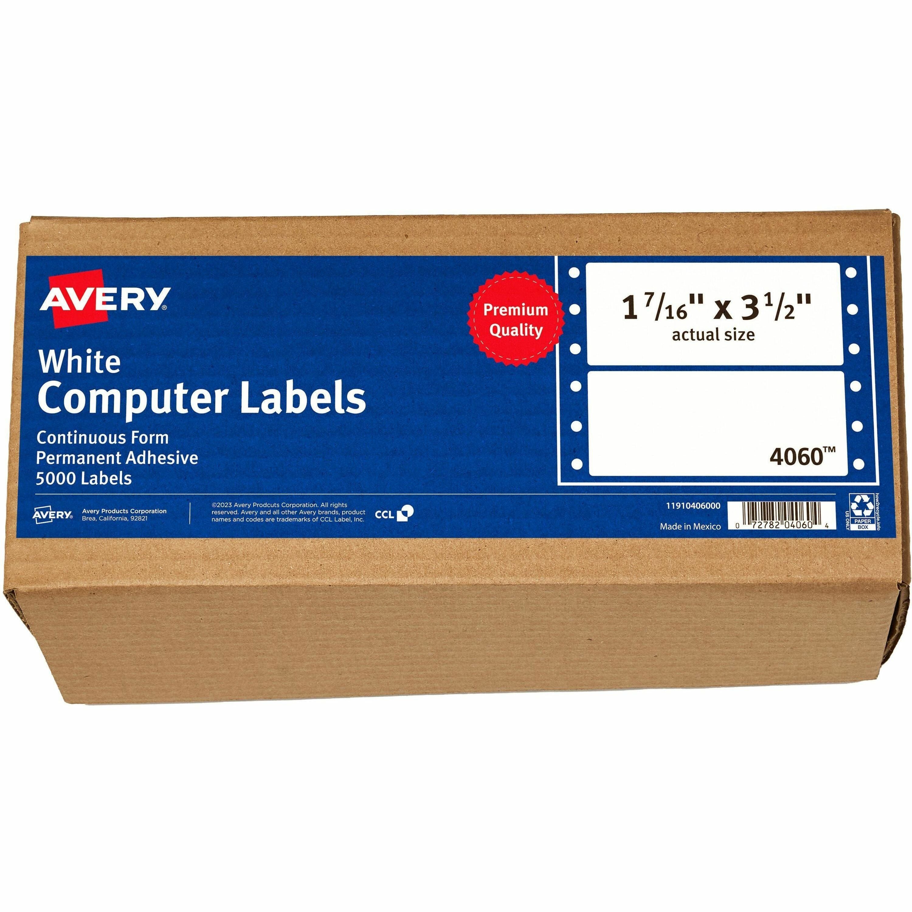 Avery®  Pin Feed Label - 3 1/2" Height - Permanent Adhesive - Rectangle - Dot Matrix - White - Permanent Adhesive, Peel & Stick, Curl Resistant, PVC-free, Chlorine-free, Perforated - 1 / Sheet - 5000 Total Label(s) - 5000 / Carton