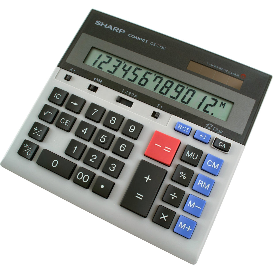 Sharp Calculators QS-2130 12-Digit Commercial Desktop Calculator - 4-Key Memory, Sign Change, Backspace Key, Auto Power Off - 1 Line(s) - 12 Digits - LCD - Battery/Solar Powered - 0.7" Height x 7.3" Width x 6.9" Depth - Gray - 1 Each