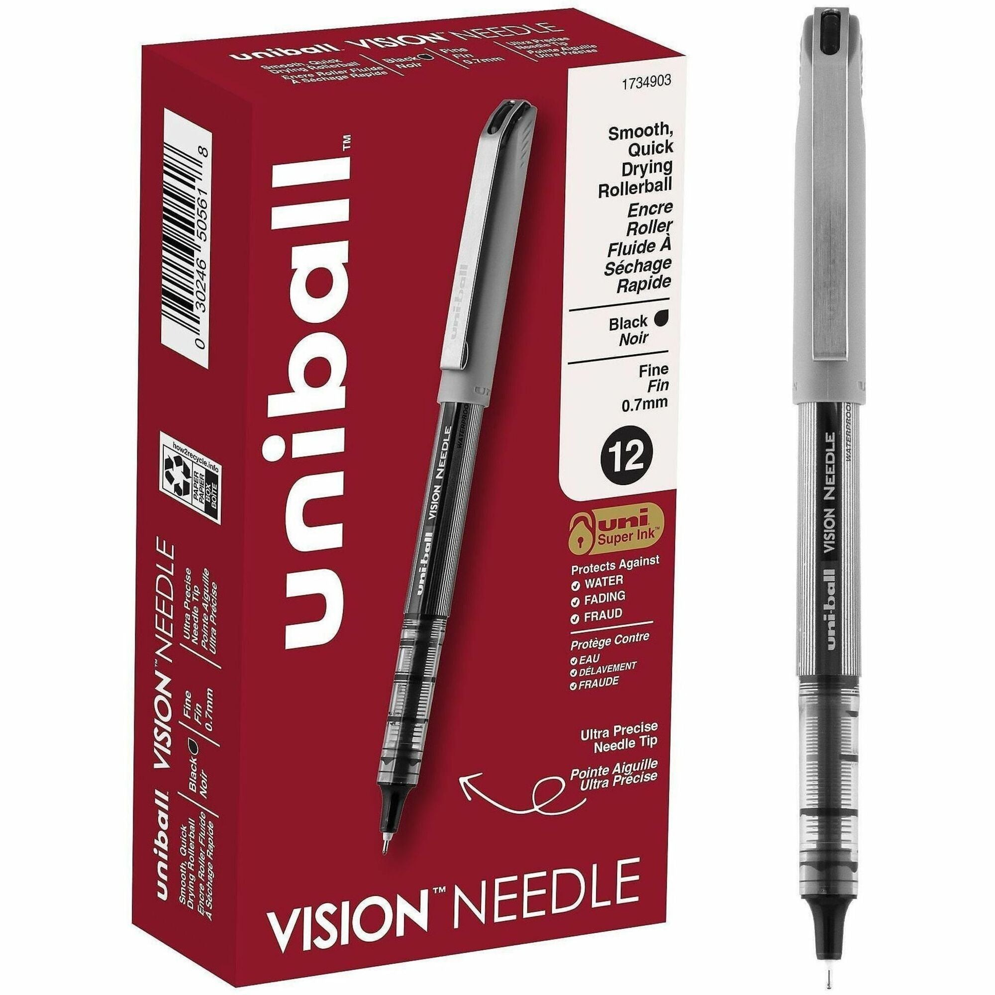 uniball&#8482; Vision Needle Rollerball Pens - 0.7 mm Fine Pen Point - Black Ink - Liquid - Silver Barrel - 1 Dozen