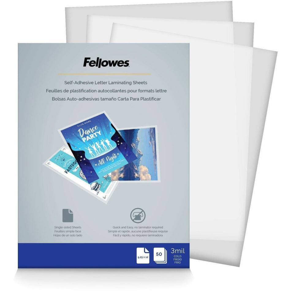 Fellowes Self Adhesive Laminating Sheets - Sheet Size Supported: Letter - Laminating Pouch/Sheet Size: 9.25" Width x 3 mil Thickness - Type G - Glossy - for Document, Photo - Self-adhesive, Single Sided - Clear - 50 / Pack