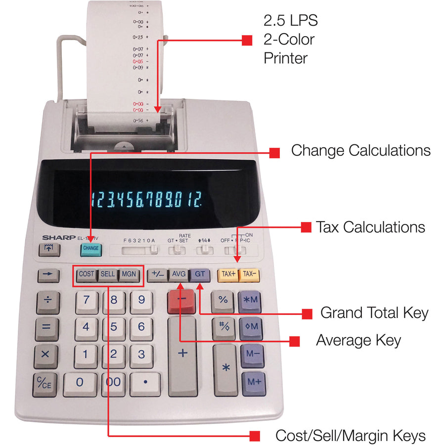 Sharp Calculators Sharp EL1801V Serial Printer Calculator - 2 lps - Item Count, Paper Holder, Large Display, 4-Key Memory, Sign Change - 12 Digits - Power Adapter Powered - 10" Height x 7.6" Width x 2.4" Depth x 3.4" Length - Off White - 1 Each