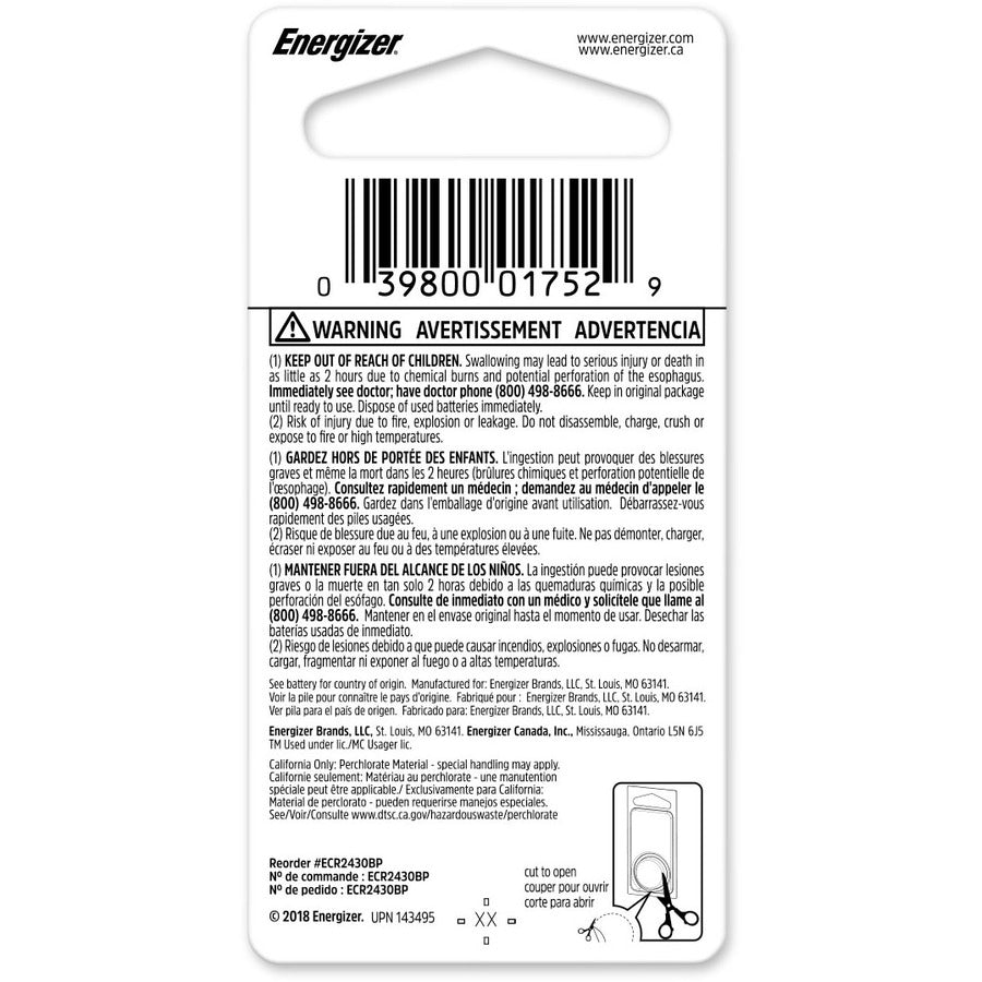 Energizer 2430 Lithium Coin Battery - 290 mAh - 3V - 1 Pack