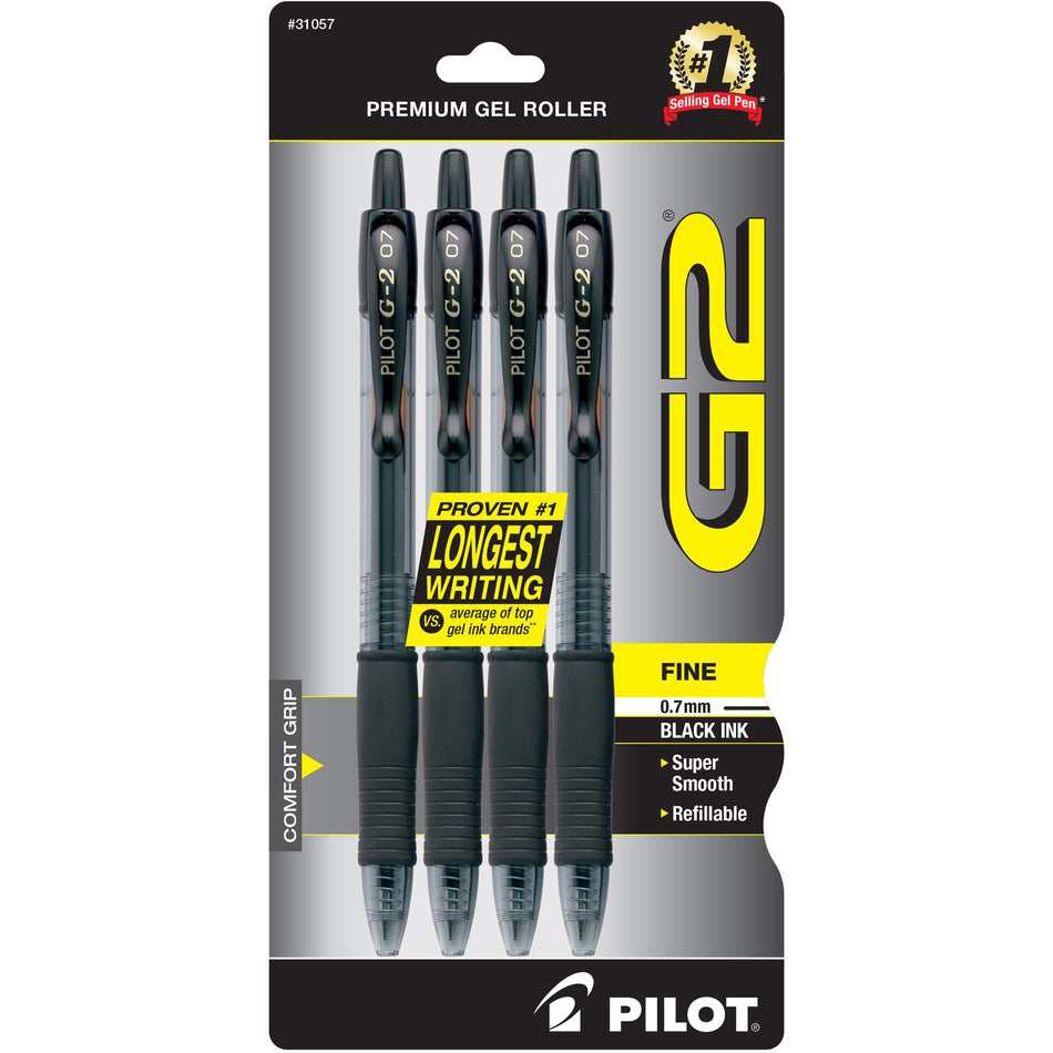 Pilot G2 Premium Gel Roller Pens - 0.7 mm Fine Pen Point - Refillable - Retractable - Black Ink - Gel-based - 4 / Pack