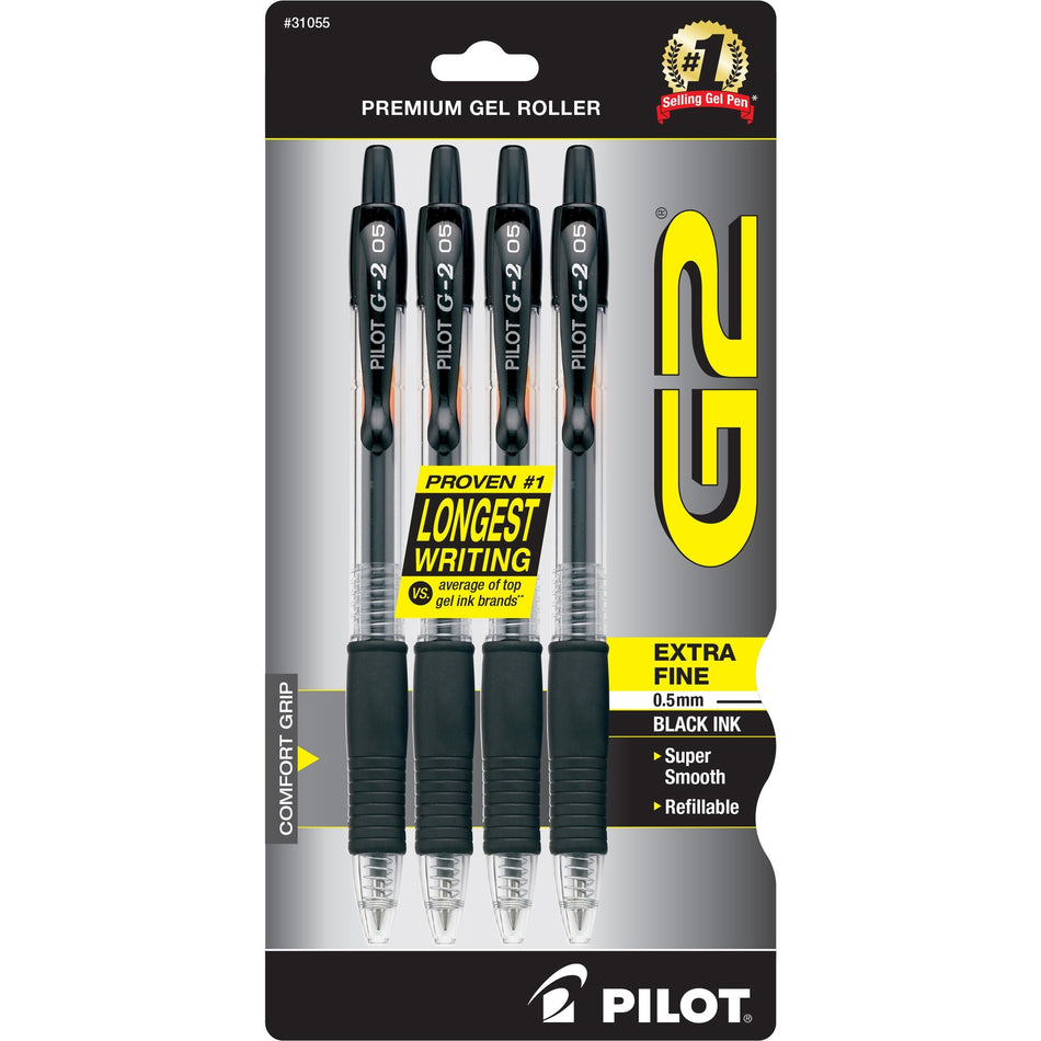Pilot G2 Premium Gel Roller Pens - 0.5 mm Pen Point - Refillable - Retractable - Black Ink - Gel-based - 4 / Pack
