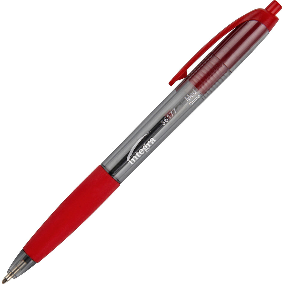 Integra Rubber Grip Retractable Pens - 1 mm Medium Pen Point - Retractable - Red Ink - Red Barrel - 1 Dozen