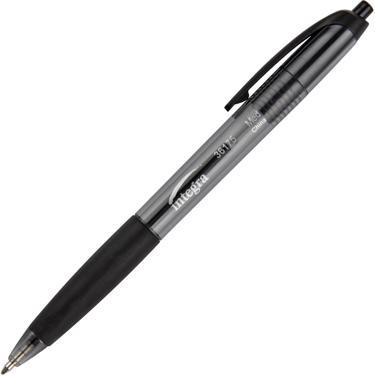 Integra Rubber Grip Retractable Pens - 1 mm Medium Pen Point - Retractable - Black Ink - Black Barrel - 1 Dozen