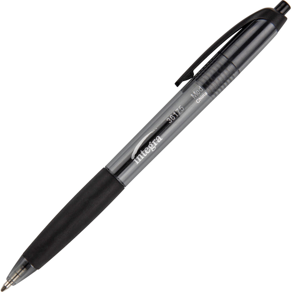Integra Rubber Grip Retractable Pens - 1 mm Medium Pen Point - Retractable - Black Ink - Black Barrel - 1 Dozen