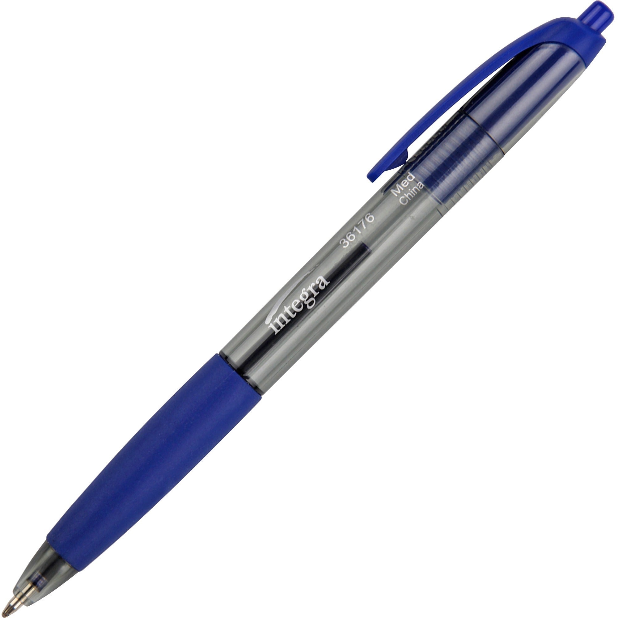 Integra Rubber Grip Retractable Pens - 1 mm Medium Pen Point - Retractable - Blue Ink - Blue Barrel - 1 Dozen