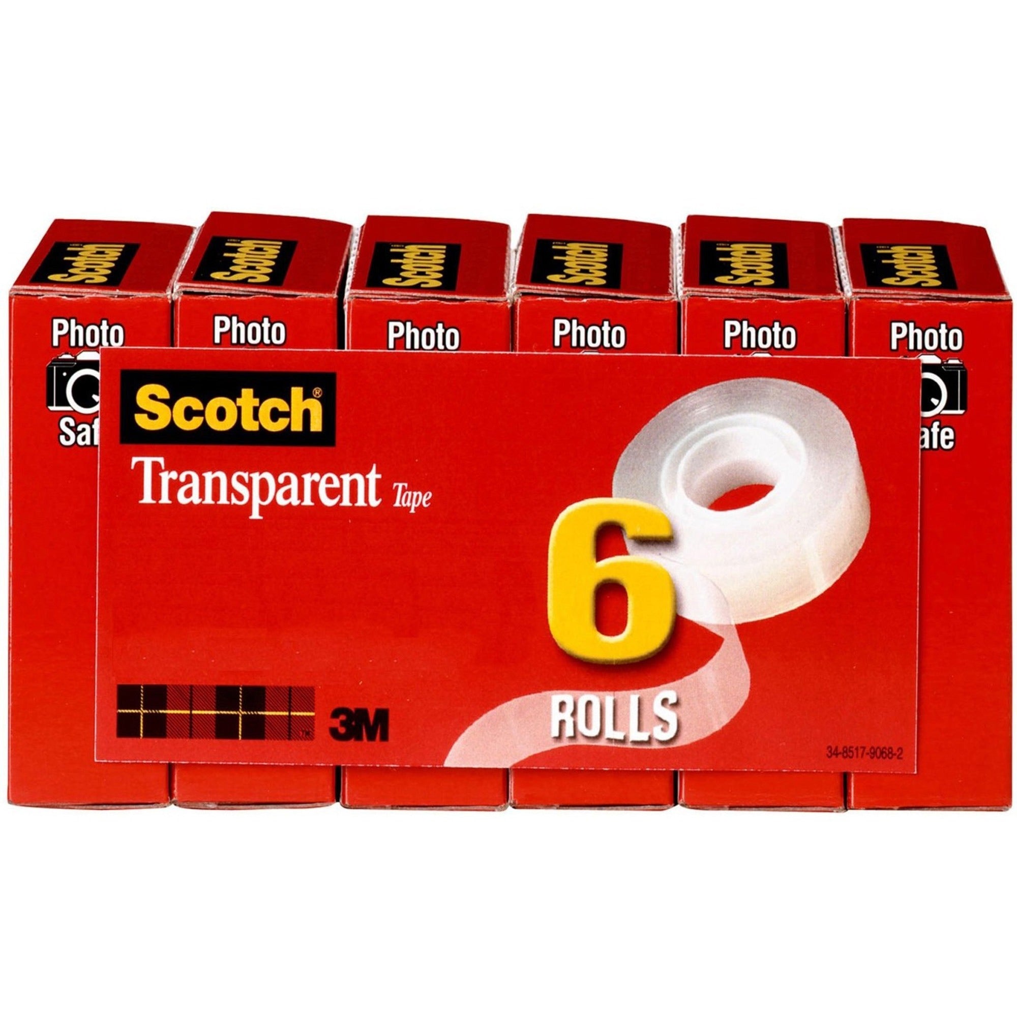 Scotch Transparent Tap - 3/4"W - 36 yd Length x 0.75" Width - 1" Core - Clear - Stain Resistant, Moisture Resistant, Long Lasting - For Wrapping, Sealing, Mending, Label Protection - 6 / Pack