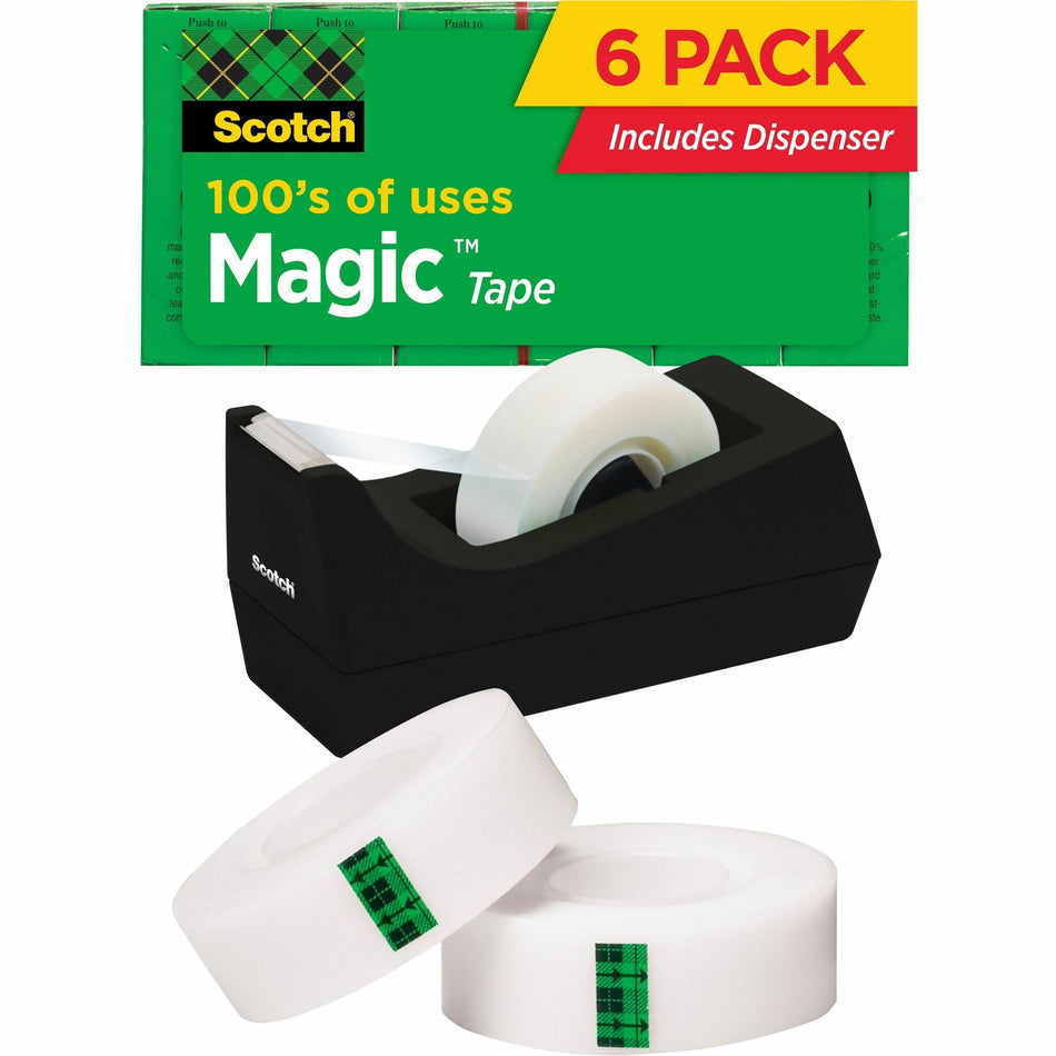 Scotch 3/4"W Magic Tape - 27.78 yd Length x 0.75" Width - 1" Core - Matte - Clear - Dispenser Included - Desktop Dispenser - Split Resistant, Tear Resistant - For Mending, Splicing - 6 / Pack