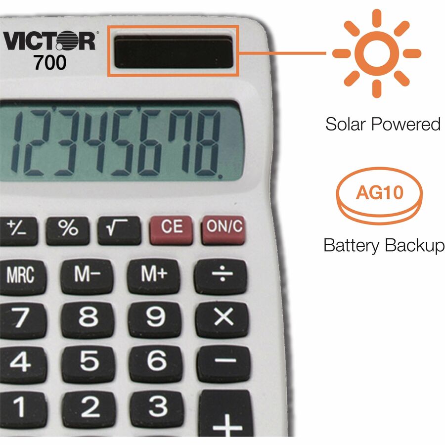Victor 700 Pocket Calculator - 4 Functions - Large LCD, Easy-to-read Display, Rubber Keytop, Dual Power - 8 Digits - LCD - Battery/Solar Powered - 0.3" Height x 2.3" Width x 4" Depth - Gray - Rubber - 1 Each