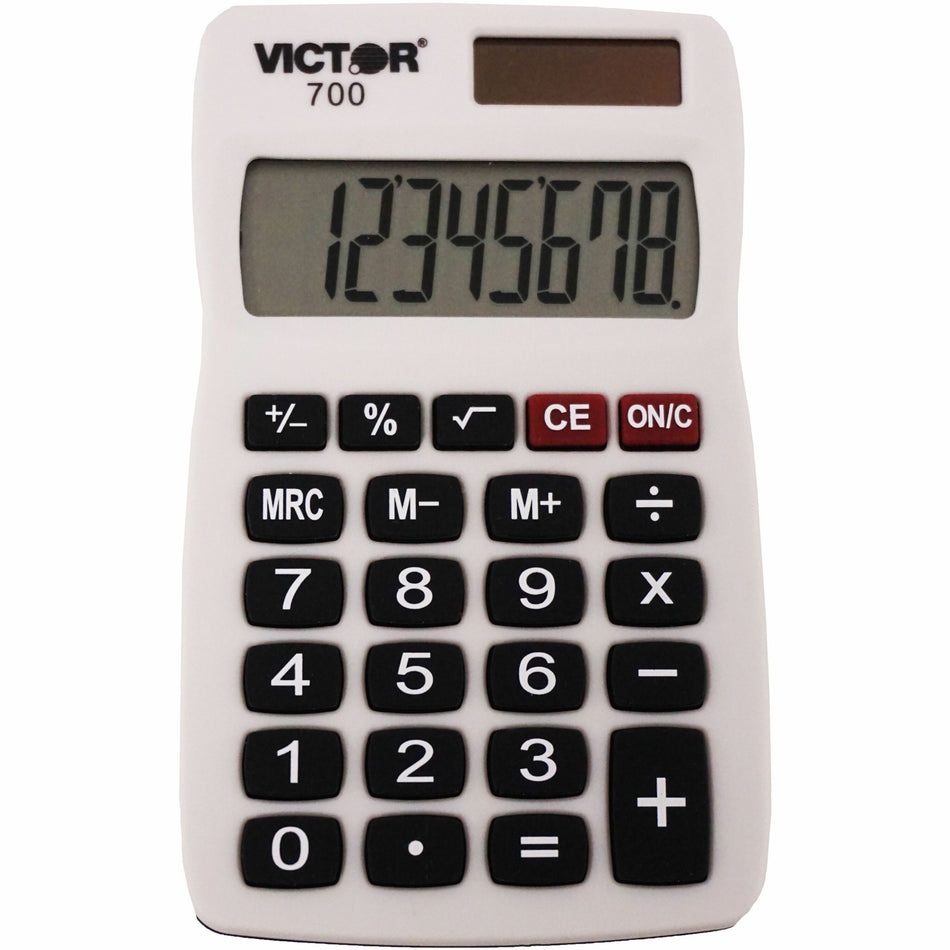 Victor 700 Pocket Calculator - 4 Functions - Large LCD, Easy-to-read Display, Rubber Keytop, Dual Power - 8 Digits - LCD - Battery/Solar Powered - 0.3" Height x 2.3" Width x 4" Depth - Gray - Rubber - 1 Each