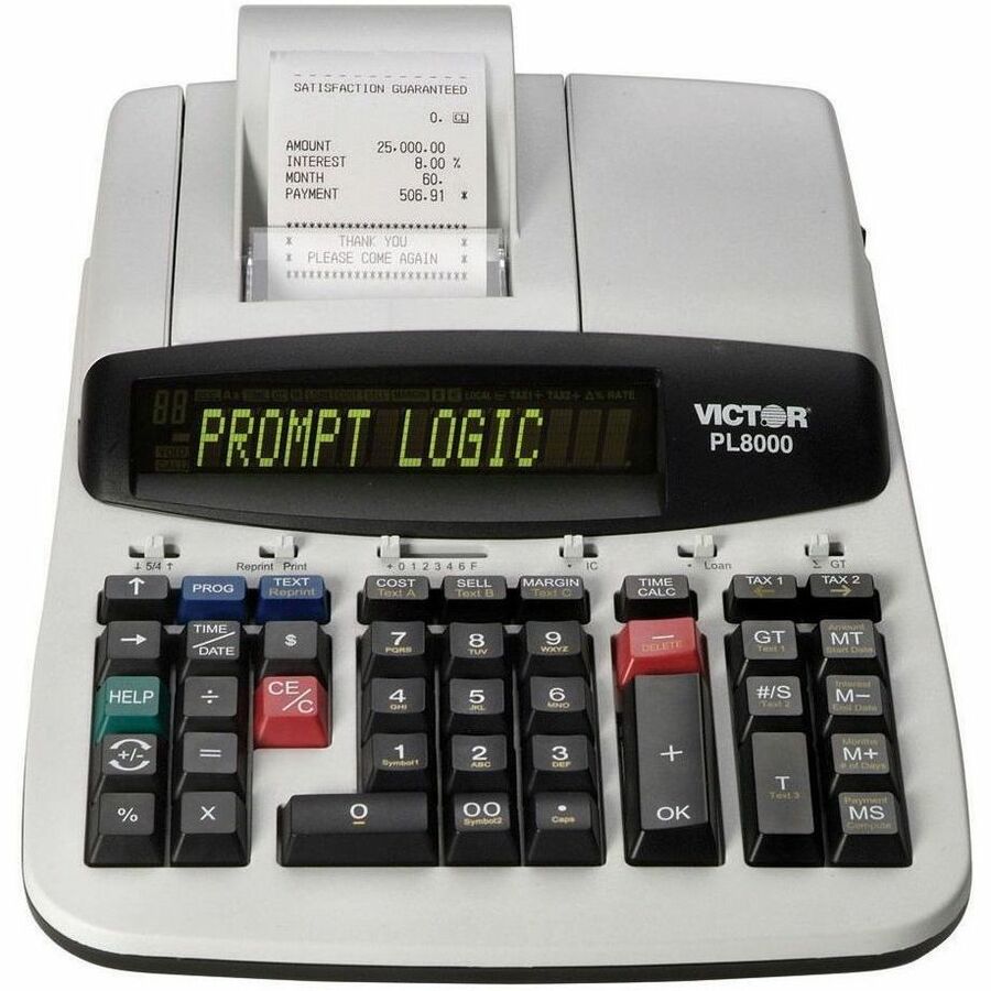 Victor PL8000 Thermal Printing Calculator - Date, Clock, Heavy Duty, Backlit Display, Durable, Independent Memory, 4-Key Memory - AC Supply Powered - 4" Height x 8.8" Width x 13.5" Depth - Gray, White - 1 Each