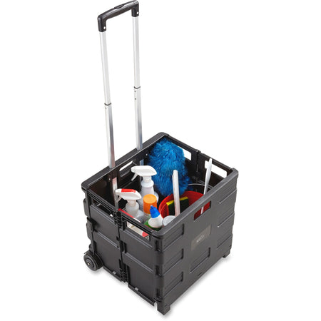Safco Stow Away Folding Caddy - Telescopic Handle - 50 lb Capacity - 2 Casters - 16.50" Width x 14.50" Depth x 39" Height - Black, Silver - 1 Each