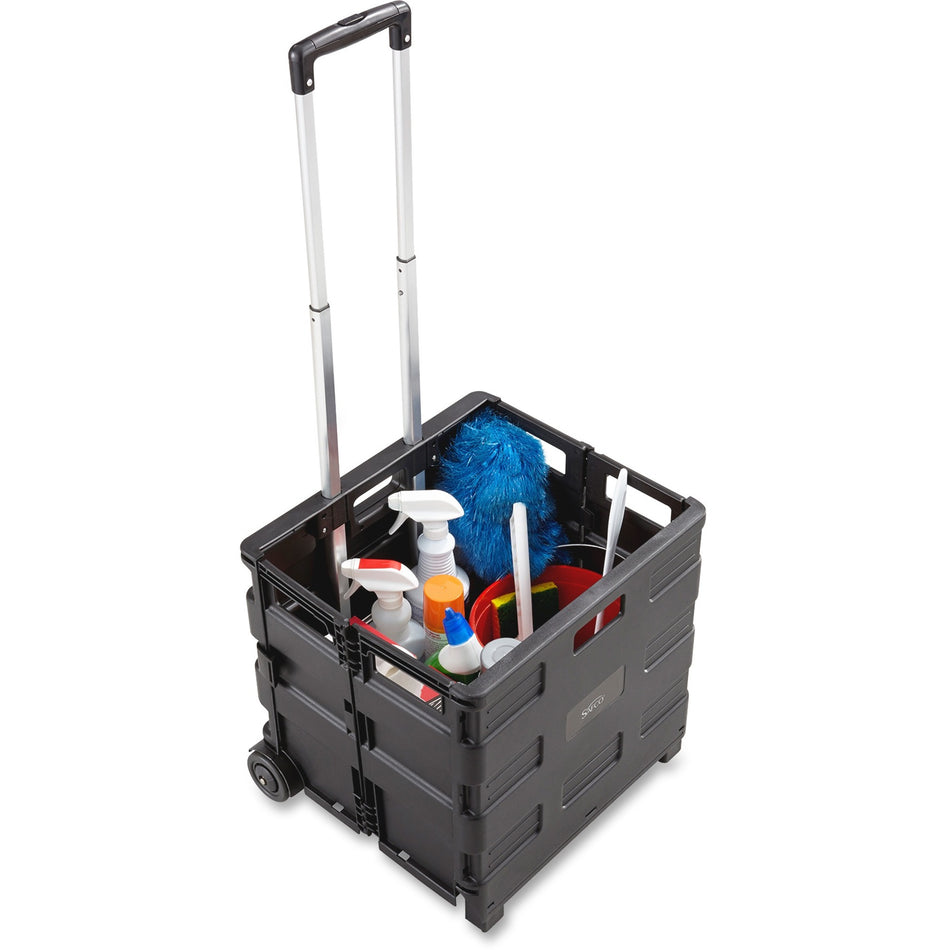Safco Stow Away Folding Caddy - Telescopic Handle - 50 lb Capacity - 2 Casters - 16.50" Width x 14.50" Depth x 39" Height - Black, Silver - 1 Each