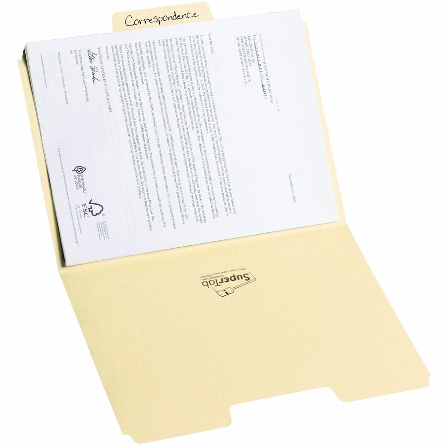 Smead SuperTab 1/3 Tab Cut Letter Recycled Top Tab File Folder - 8 1/2" x 11" - 3/4" Expansion - Top Tab Location - Assorted Tab Position - 11 pt. - 1 Plys - Manila - 10% Recycled - 100 / Box