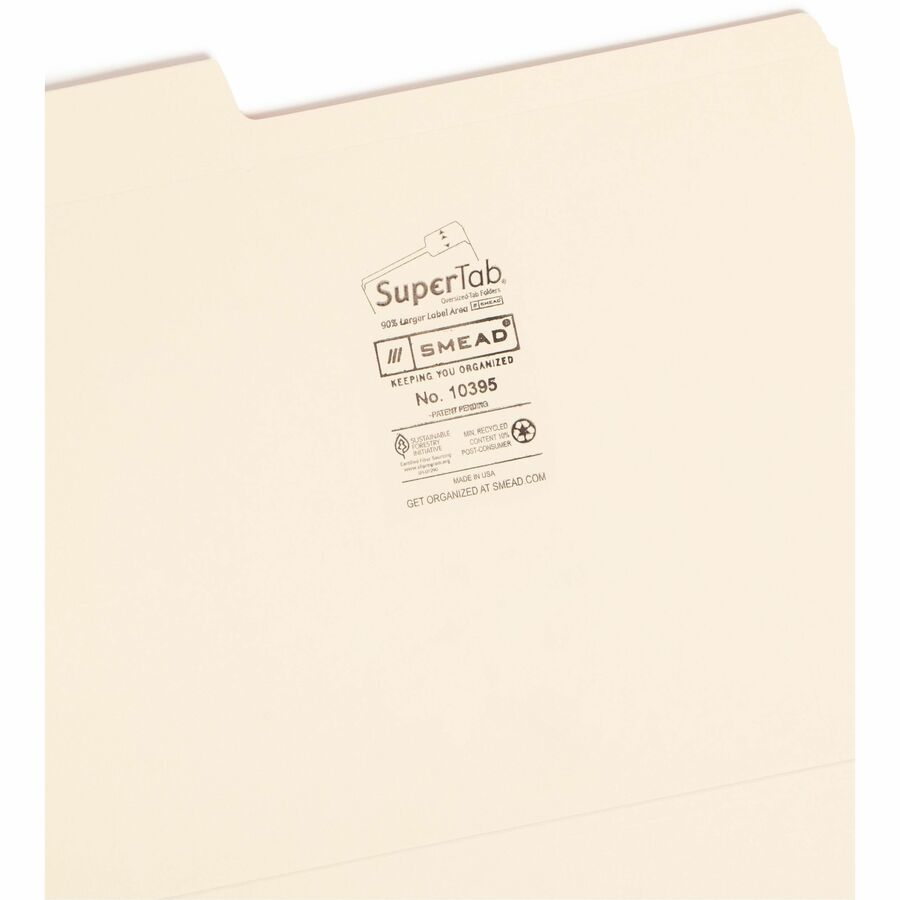 Smead SuperTab 1/3 Tab Cut Letter Recycled Top Tab File Folder - 8 1/2" x 11" - 3/4" Expansion - Top Tab Location - Assorted Tab Position - 11 pt. - 2 Plys - Manila - Label - 10% Recycled - 100 / Box