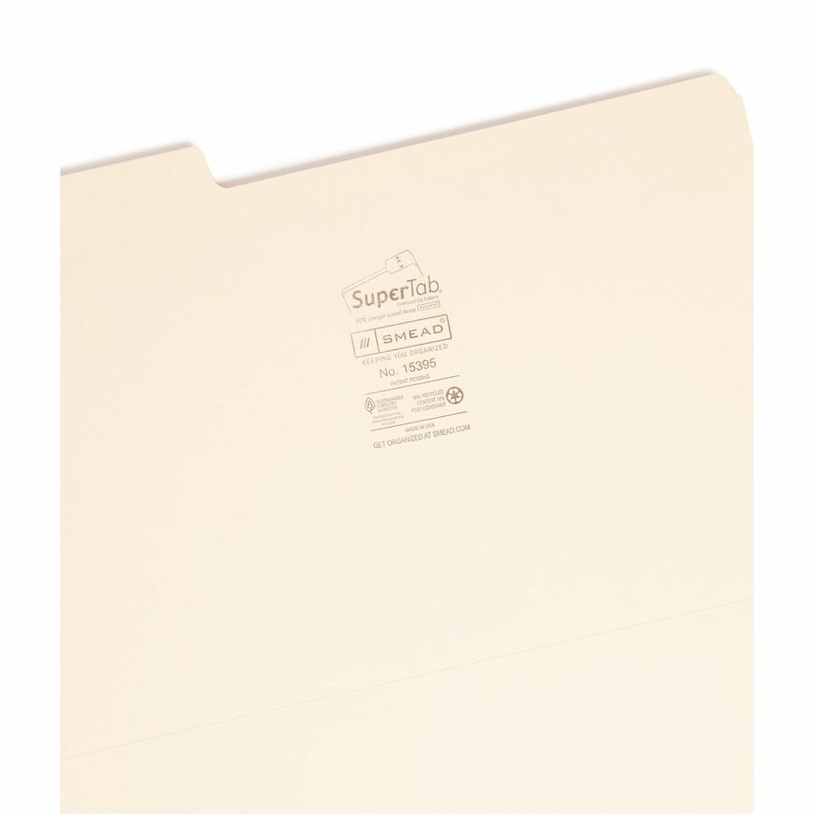 Smead SuperTab 1/3 Tab Cut Legal Recycled Top Tab File Folder - 8 1/2" x 14" - 3/4" Expansion - Top Tab Location - Assorted Tab Position - 11 pt. - 2 Plys - Manila - Label - 10% Recycled - 100 / Box