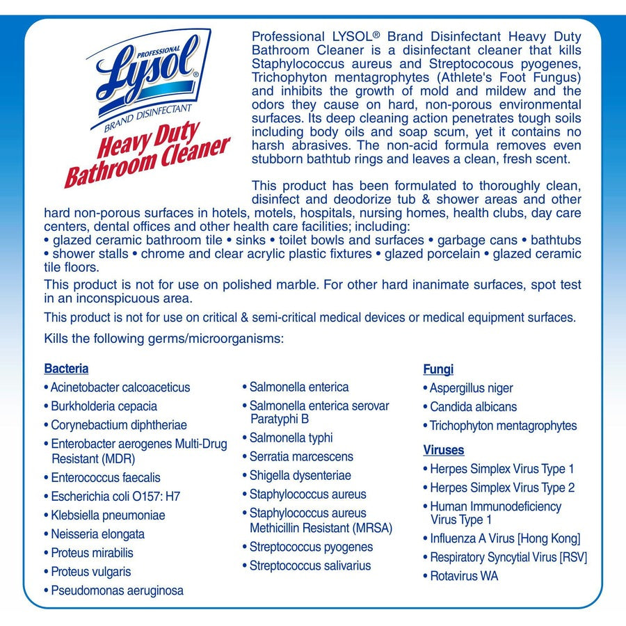 Professional Lysol Heavy-Duty Disinfectant Bathroom Cleaner - Concentrate - 128 fl oz (4 quart) - Citrus Floral Scent - Non-abrasive - 4 / Carton
