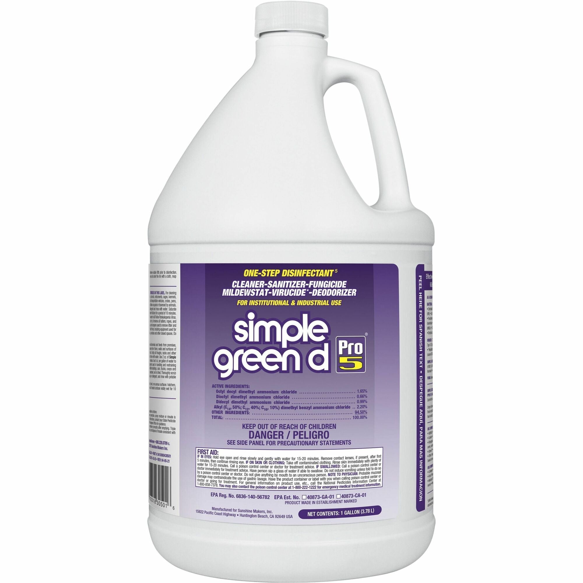 Simple Green D Pro 5 One-Step Disinfectant - Concentrate - 128 fl oz (4 quart) - Disinfectant, Unscented, Dye-free - Clear - 1 Each