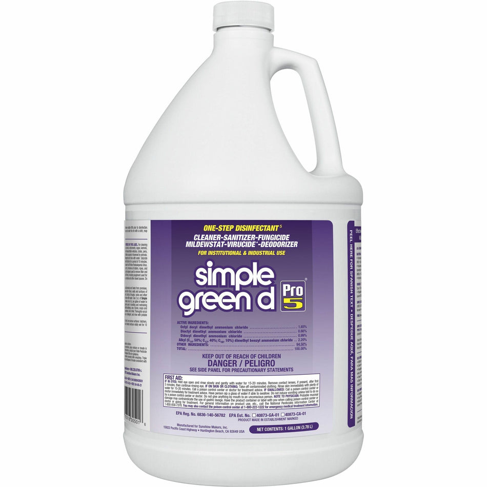 Simple Green D Pro 5 One-Step Disinfectant - Concentrate - 128 fl oz (4 quart) - Disinfectant, Unscented, Dye-free - Clear - 1 Each