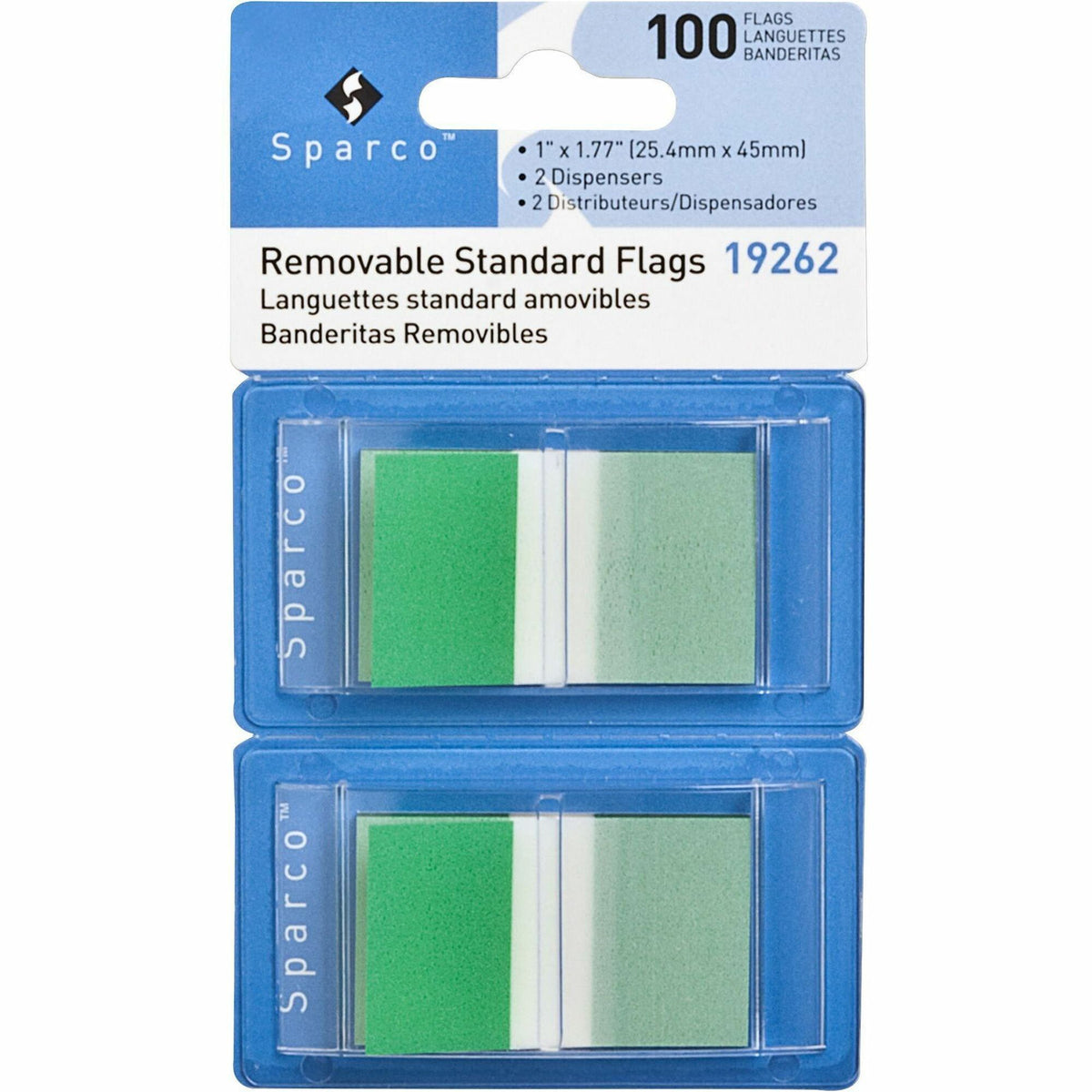 Sparco Removable Standard Flags Dispenser - 100 x Green - 1 3/4" Flag/Note Width x 1" Flag/Note Length - Rectangle - Green - See-through, Self-adhesive, Removable - Dispenser Included - 100 / Pack
