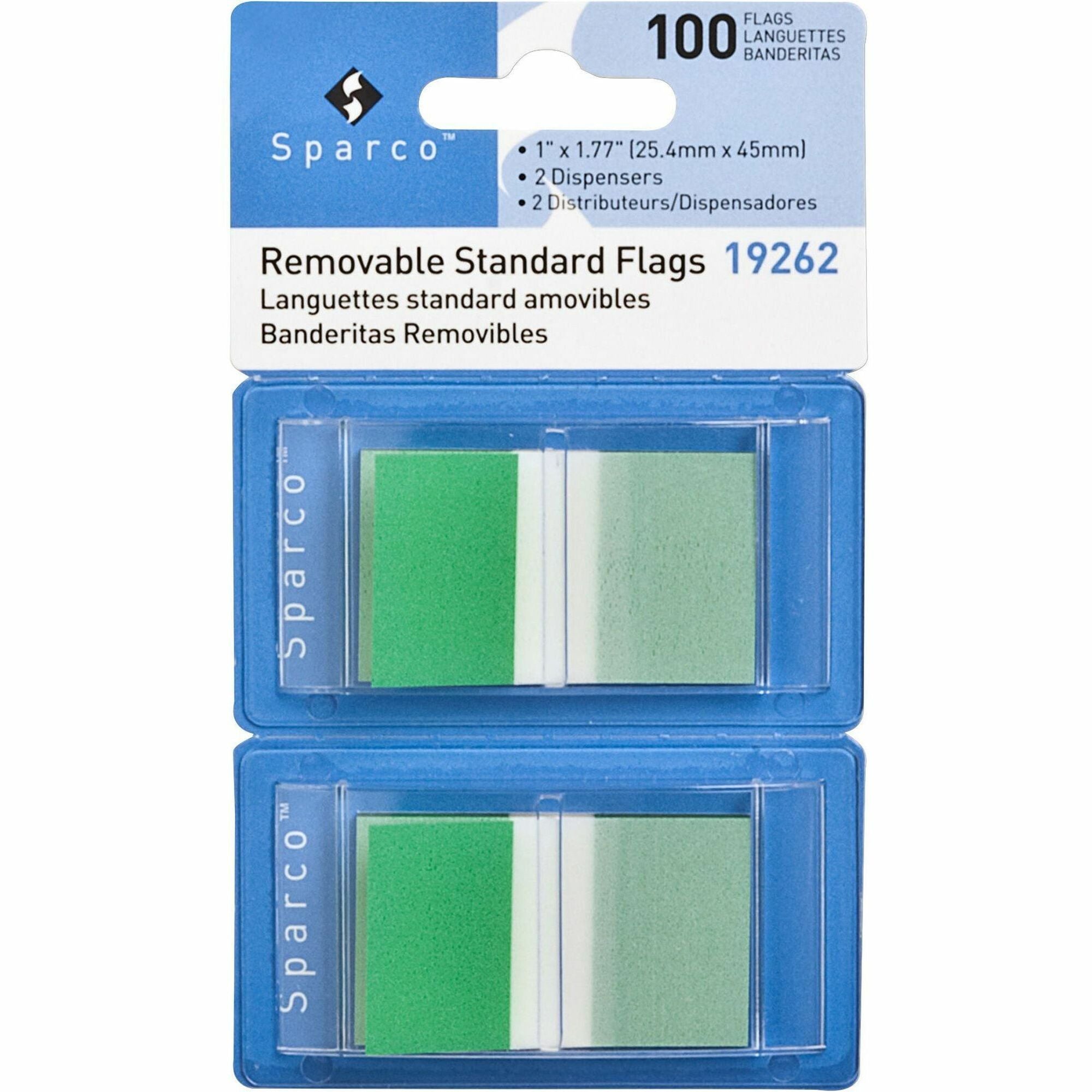 Sparco Removable Standard Flags Dispenser - 100 x Green - 1 3/4" Flag/Note Width x 1" Flag/Note Length - Rectangle - Green - See-through, Self-adhesive, Removable - Dispenser Included - 100 / Pack
