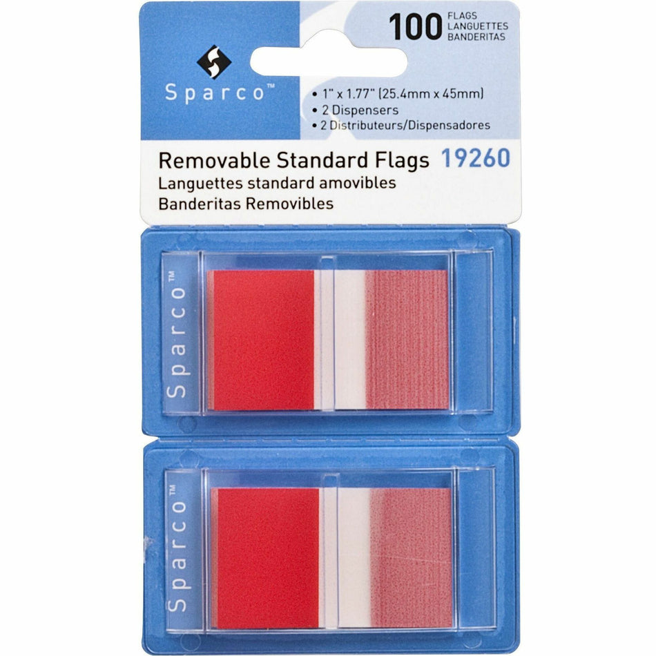 Sparco Removable Standard Flags in Dispenser - 100 x Red - 1 3/4" Flag/Note Width x 1" Flag/Note Length - Rectangle - Red - See-through, Self-adhesive, Removable - Dispenser Included - 100 / Pack
