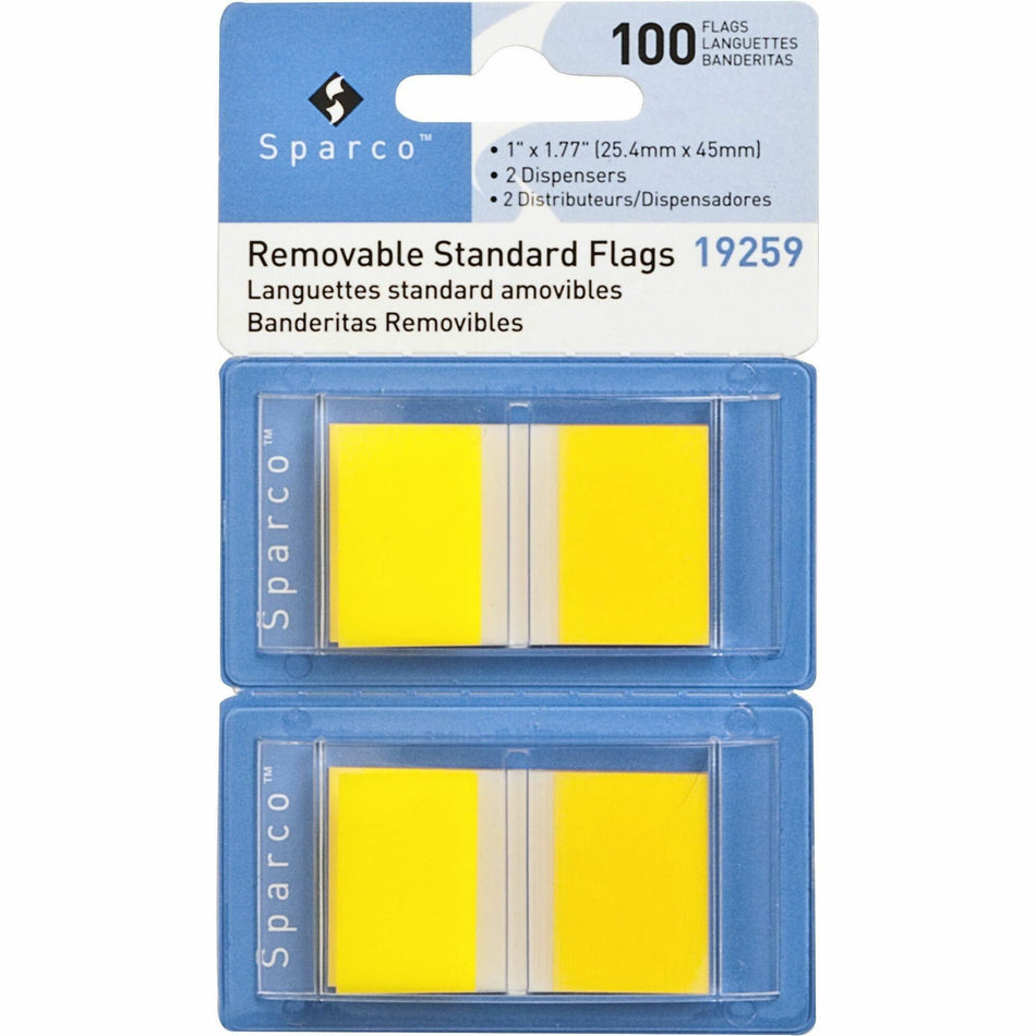 Sparco Removable Standard Flags in Dispenser - 100 x Yellow - 1 3/4" Flag/Note Width x 1" Flag/Note Length - Rectangle - Yellow - See-through, Self-adhesive, Removable - Dispenser Included - 100 / Pack