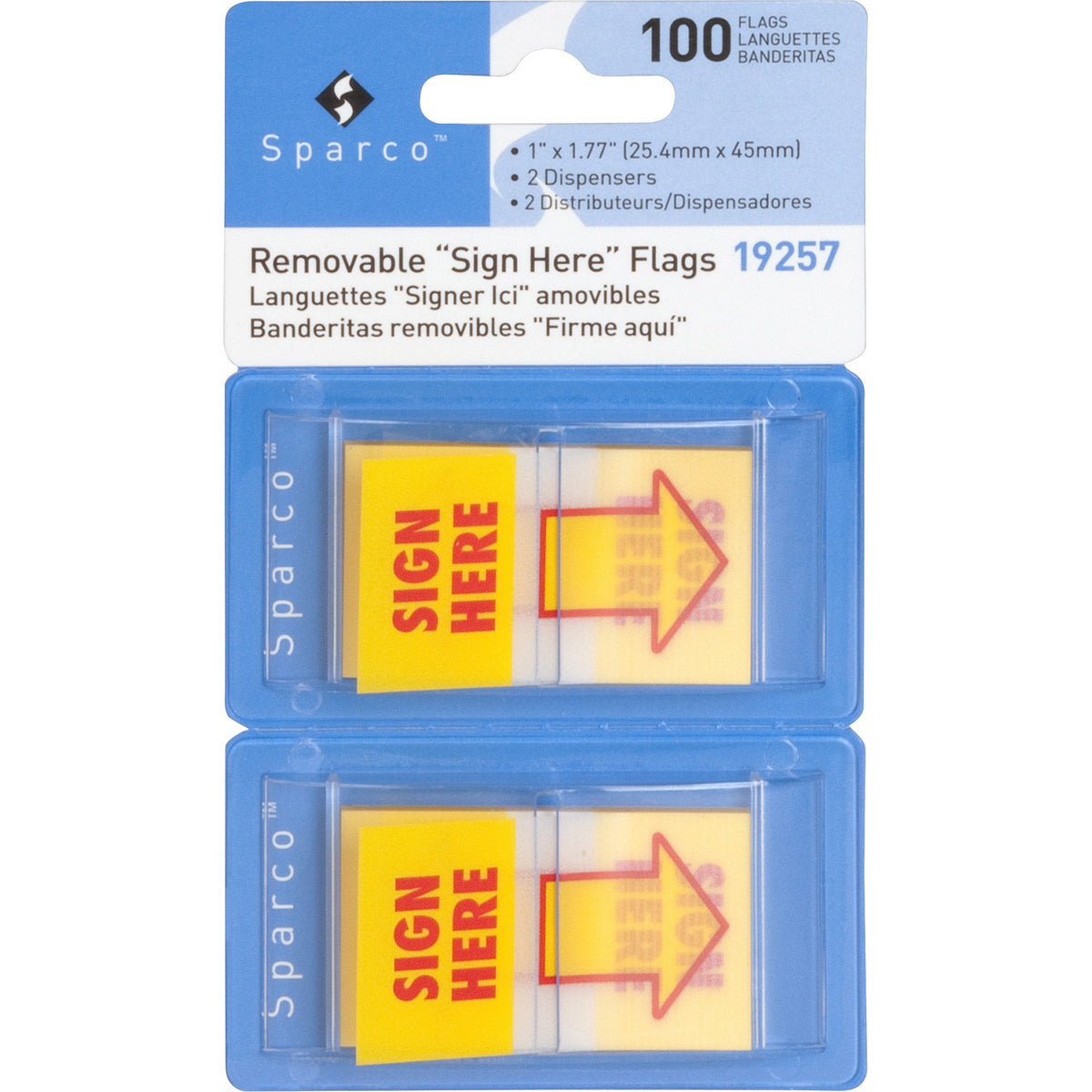 Sparco Pop-up Sign Here Flags in Dispenser - 1" Flag/Note Width x 1 3/4" Flag/Note Length - Rectangle - SIGN HERE - Yellow - Self-adhesive, Removable - Dispenser Included - 100 / Pack