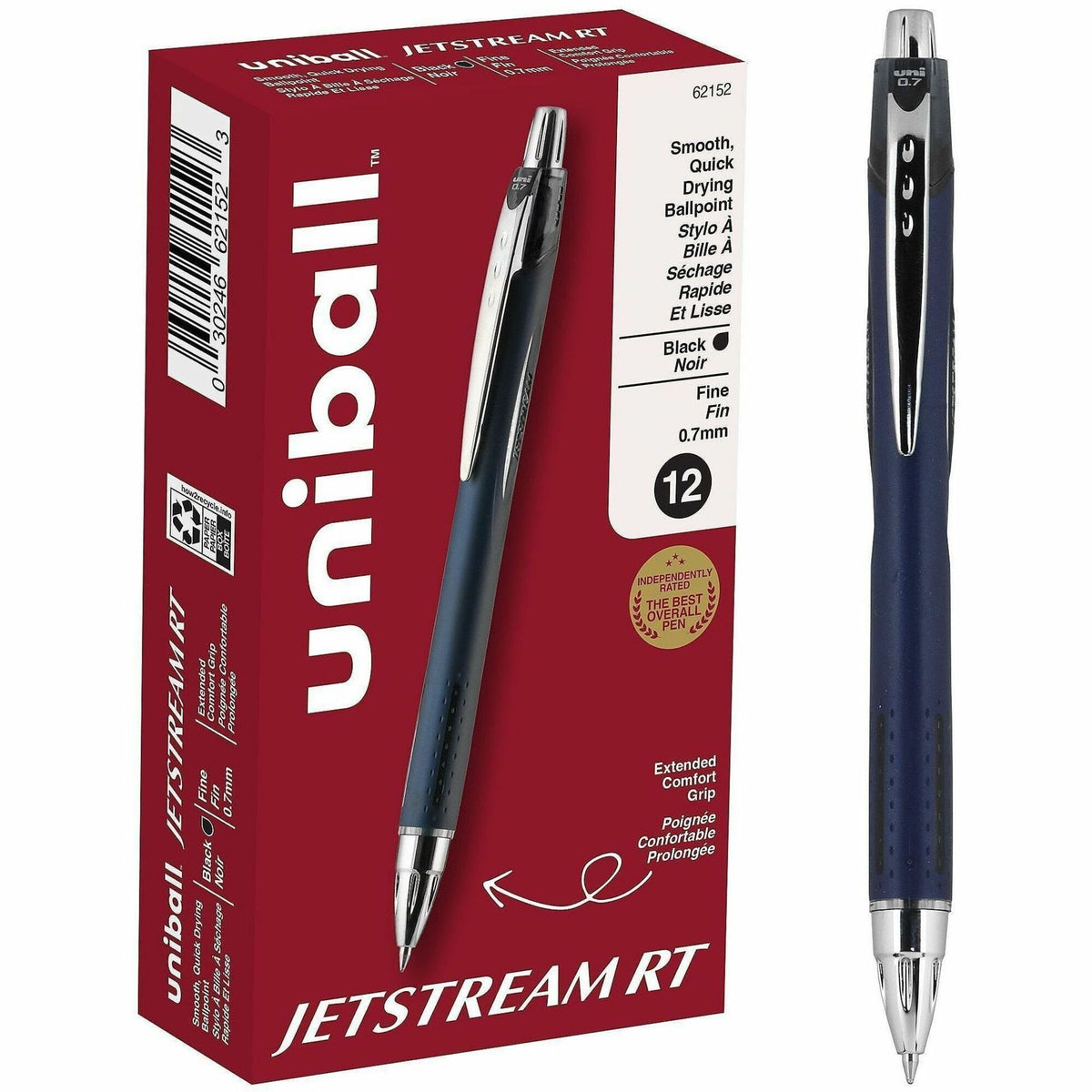 uniball&#8482; Jetstream RT Ballpoint Pen - 0.7 mm Fine Pen Point - Retractable - Black Ink - Blue Barrel - 1 Dozen