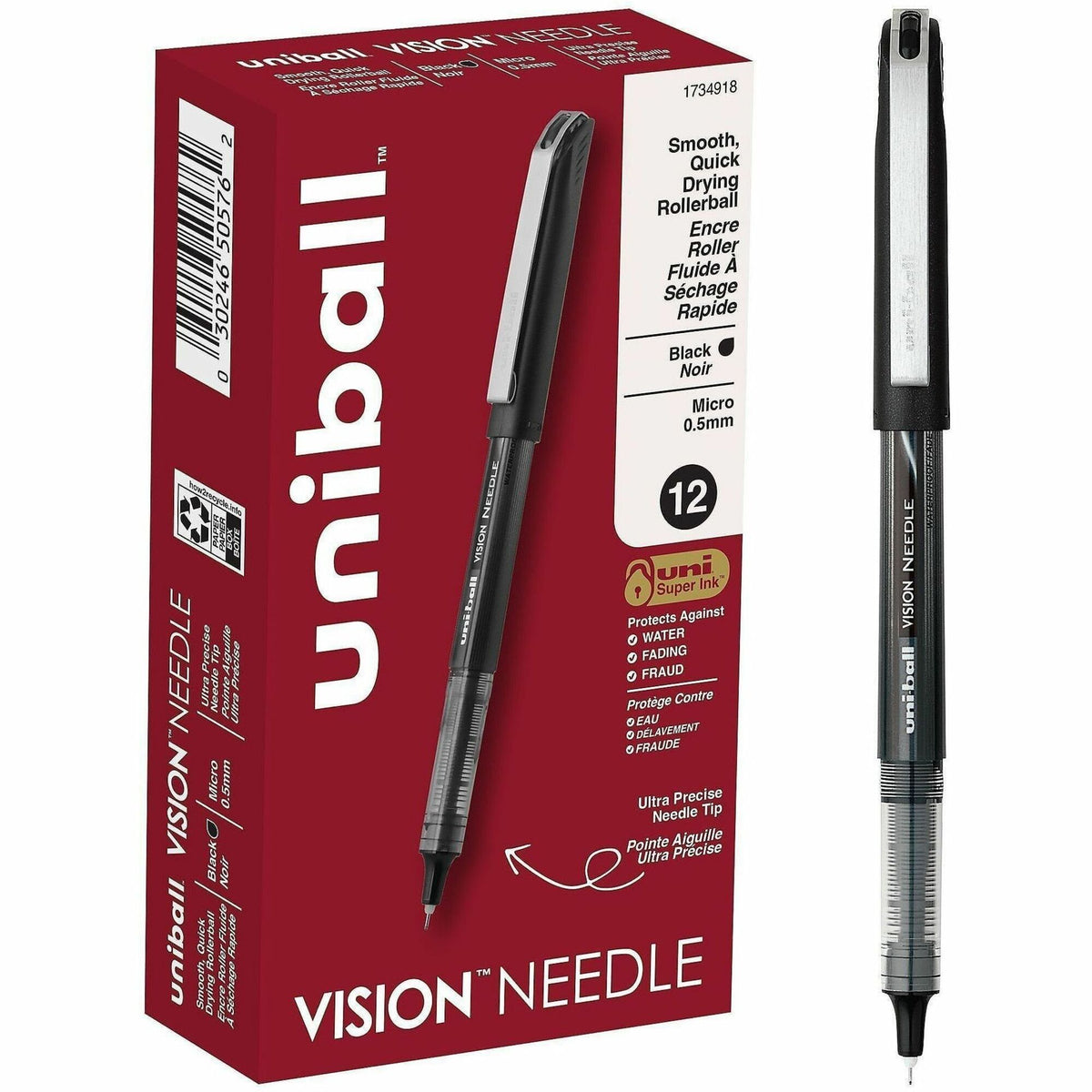 uniball&#8482; Vision Needle Rollerball Pens - 0.5 mm Micro Pen Point - Black Ink - Liquid - 1 Dozen