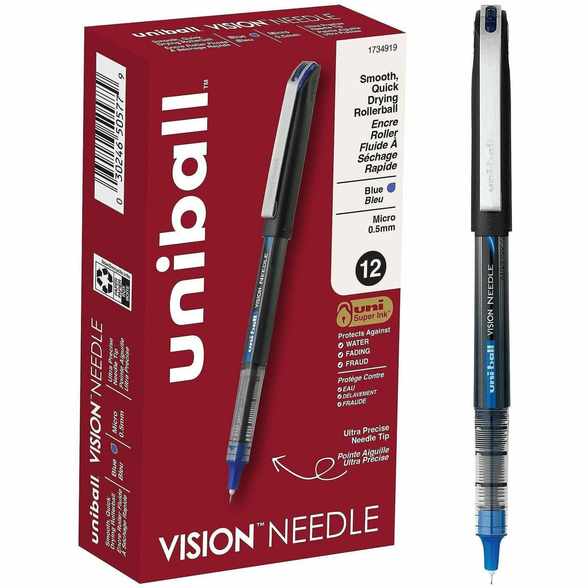uniball™ Vision Needle Rollerball Pens - 0.5 mm Micro Pen Point - Blue Ink - Liquid - 1 Dozen