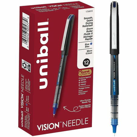 uniball™ Vision Needle Rollerball Pens - 0.5 mm Micro Pen Point - Blue Ink - Liquid - 1 Dozen