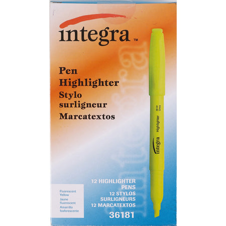 Integra Pen Style Fluorescent Highlighters - Chisel Marker Point - Yellow Ink - 1 Dozen