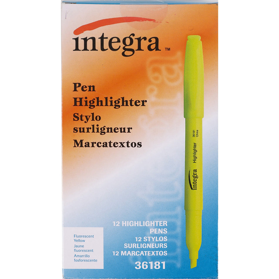 Integra Pen Style Fluorescent Highlighters - Chisel Marker Point - Yellow Ink - 1 Dozen