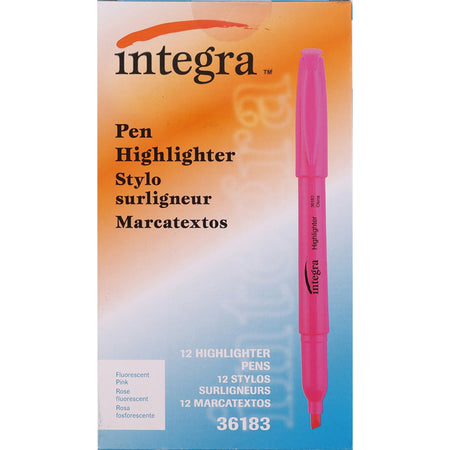 Integra Pen Style Fluorescent Highlighters - Chisel Marker Point - Fluorescent Pink Ink - 1 Dozen