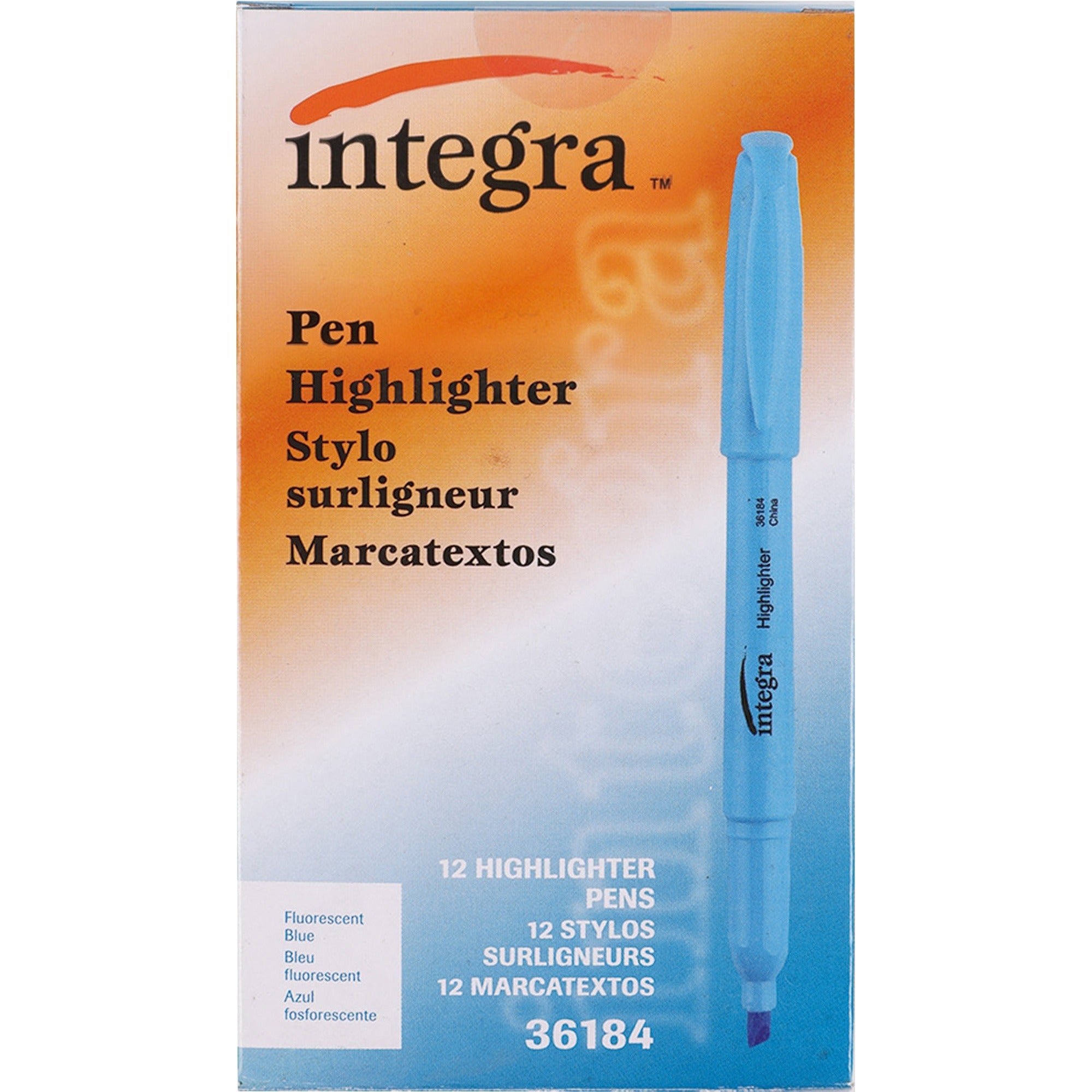 Integra Pen Style Fluorescent Highlighters - Chisel Marker Point - Fluorescent Blue Ink - 1 Dozen
