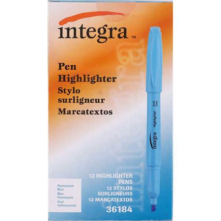 Integra Pen Style Fluorescent Highlighters - Chisel Marker Point - Fluorescent Blue Ink - 1 Dozen