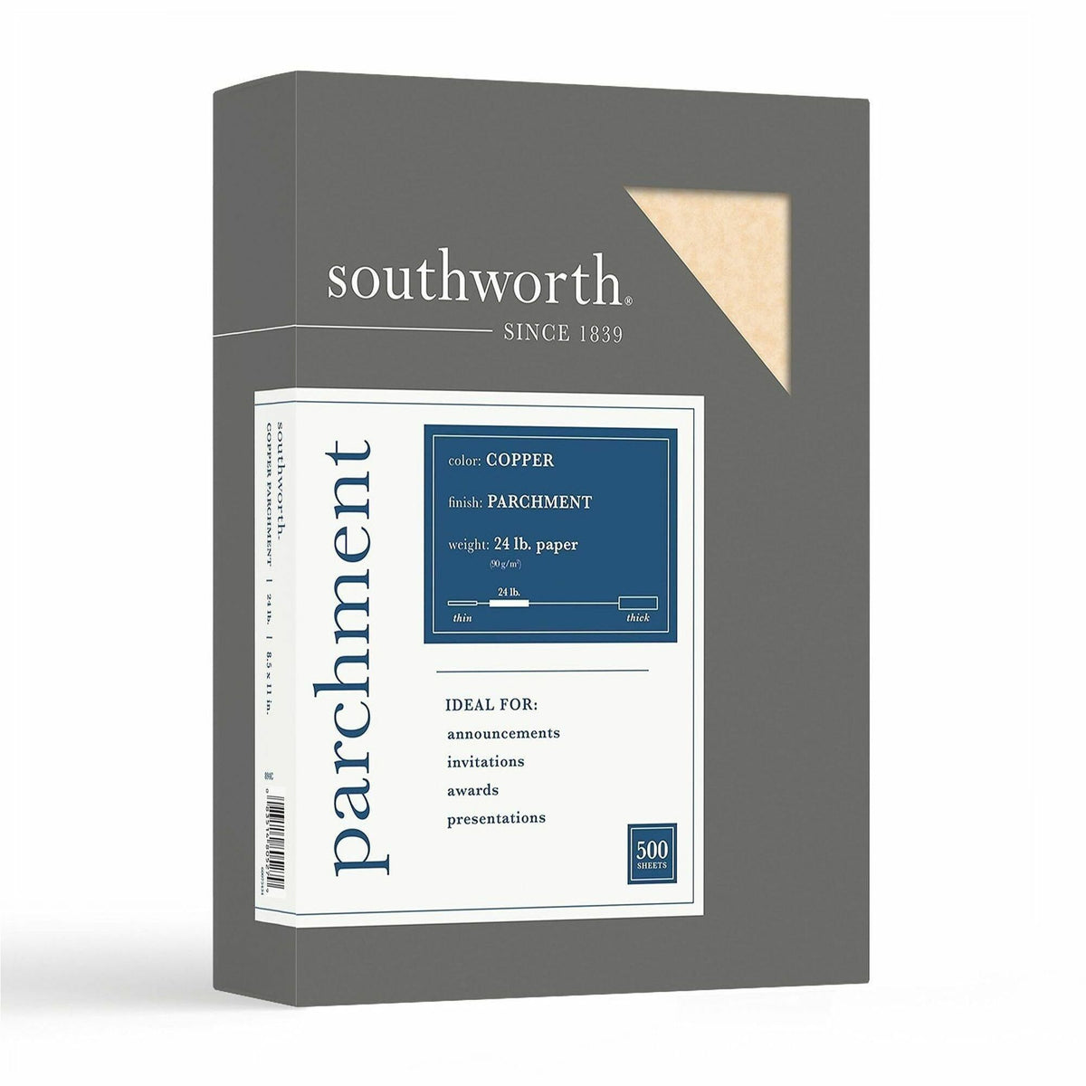 Southworth Parchment Specialty Paper - Copper - Letter - 8 1/2" x 11" - 24 lb Basis Weight - Parchment - Acid-free, Lignin-free - Copper - 500 / Box