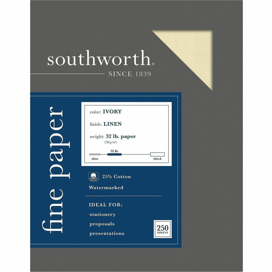 Southworth 25% Cotton No. 10 Business Envelopes - 9 1/2" x 4 1/8" - 32 lb Basis Weight - Linen, Textured - Acid-free, Watermarked, Date-coded - Ivory - 250 / Box