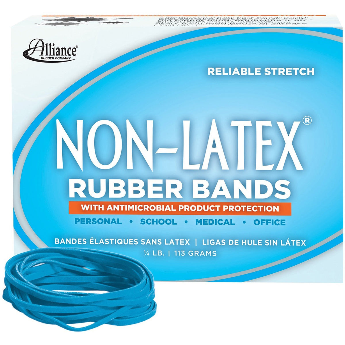 Alliance Rubber Rubber Bands with Antimicrobial Product Protection - Size: #33 - 3.5" Width x 130 mil Thickness - 0.25 lb/in - Latex-free, Antimicrobial, Stretchable - Synthetic Rubber - Cyan Blue - 180 / Box
