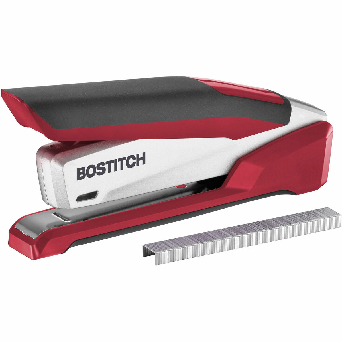 Bostitch InPower Spring-Powered Antimicrobial Desktop Stapler - Staples Upto 28 Sheet - Holds Upto 210 Staple - Full Strip - Staple Size: 0.25" - Silver, Red - Metal, Die-cast Metal - 1 Each